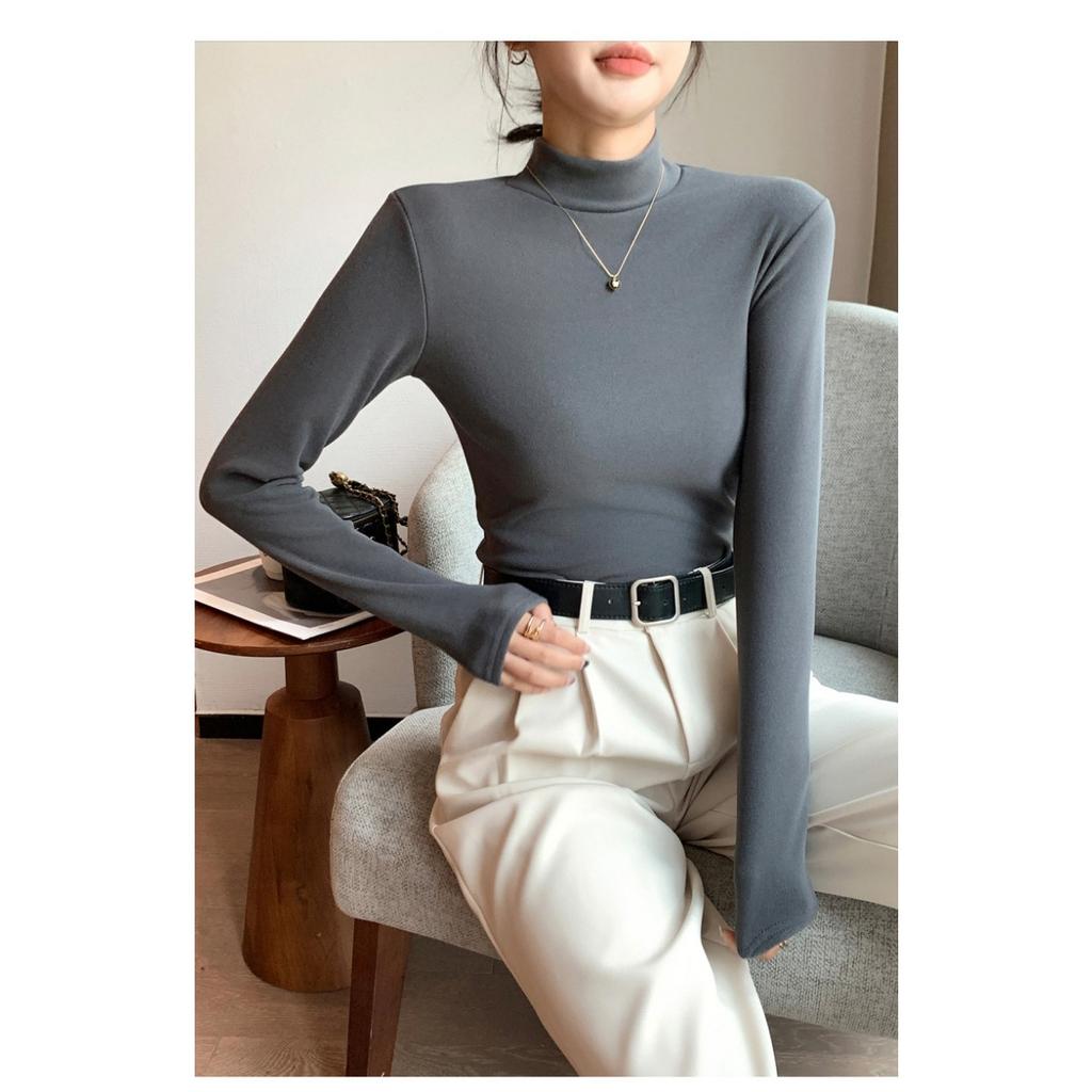 Базовая рубашка из двухстороннего немецкого бархата с полувысоким воротом для женщин, однотонная, с толстым бархатом внутри, теплая кофта с длинным рукавом