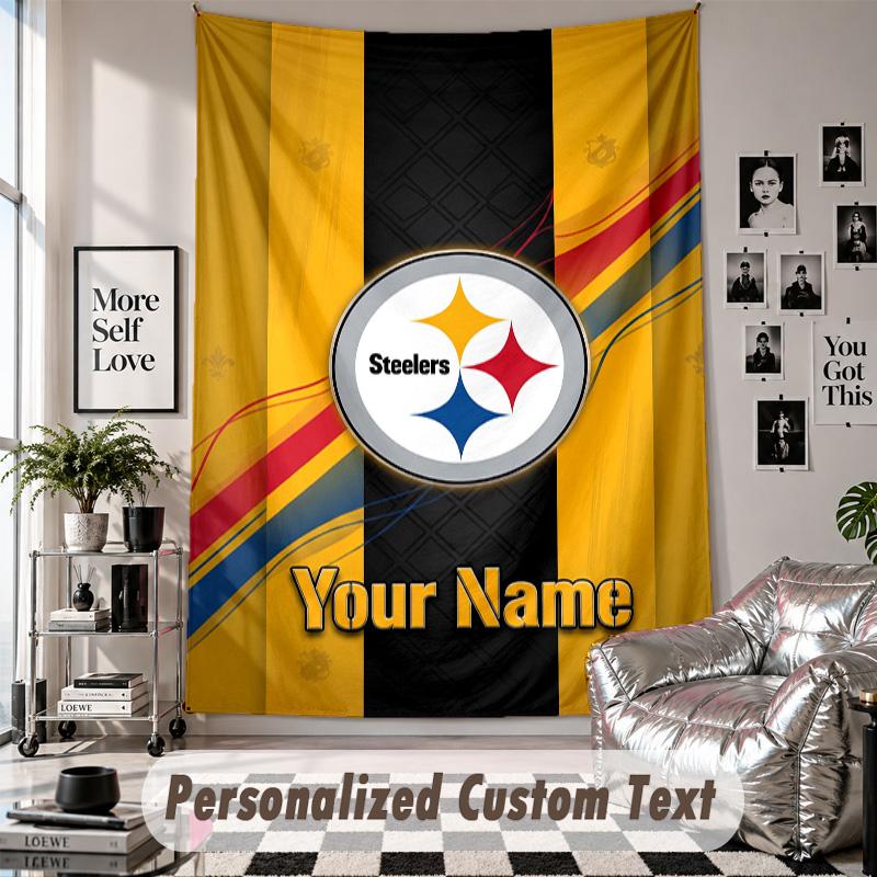 Wall Hanging Tapestry With Custom Name & Text, Pittsburgh Steelers Decorative Tapestry For Bedroom