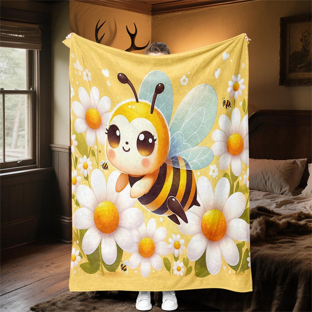 1PC Bee FlowersOutdoor Flannel Blanket - Soft Plush Decor for Picnics, camping, Bedroom, Playroom, Office, or Lunch Break 1236A