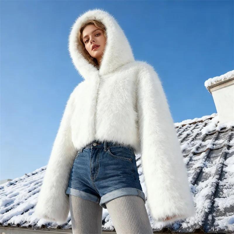 Womens Faux Fur Hooded Jacket White Short Winter Coat Street Style