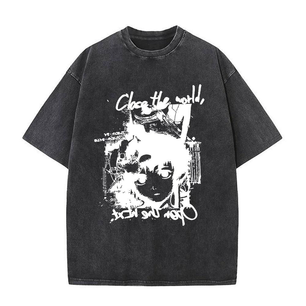 Serial Experiments Lain Anime Vintage Washed T-Shirt Manga Iwakura Girl Sci Fi Short Sleeve T-shirts 100% Cotton Casual T Shirt