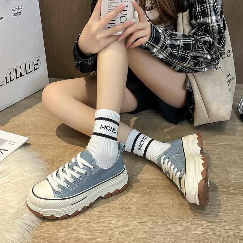 Spring New Canvas Shoes Female Hong Kong Style Fashion Small White Shoes Students Thick Bottom Canvas Shoes Sneakers Casual Ins Single Shoes