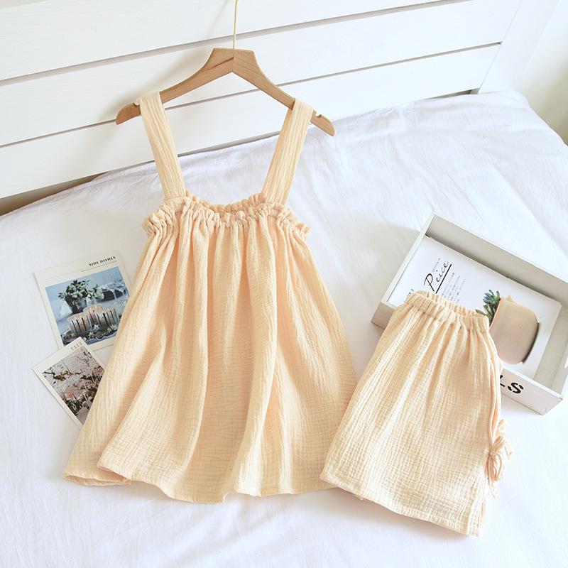 2025 Summer New Style Ladies Pajamas Two-piece 100%Cotton Crepe Suspender Shorts Vest Suit Sweet And Loose Home Service Sexy Pjs