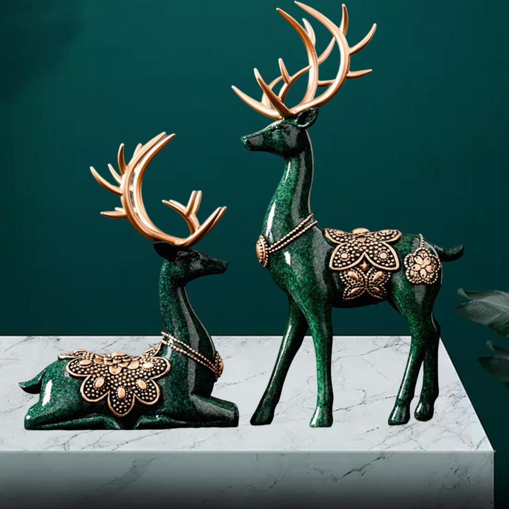 2x Deer Figurines Decors Reindeer Sculptures Souvenirs TV Stand Elk Statues
