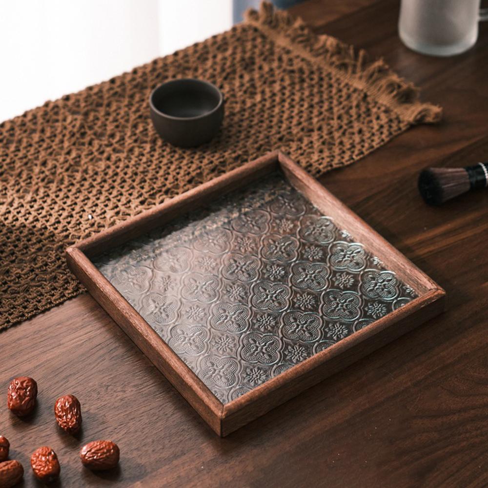 1PC Vintage Wood Glass Walnut Color Snack Storage Box Tea Tray Dry Fruit Snacks Household Tray Storage Box