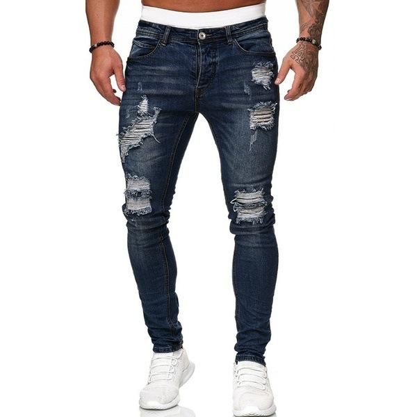 New Men's Trousers Fashion Denim Men's Trousers Broken Holes Trend Black Slim Denim Leggings Male