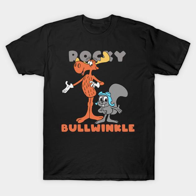 Asian Size Men Black Print T-shirt Rocky And Bullwinkle No-Cut Heat Transfer Print Cotton Tshirt