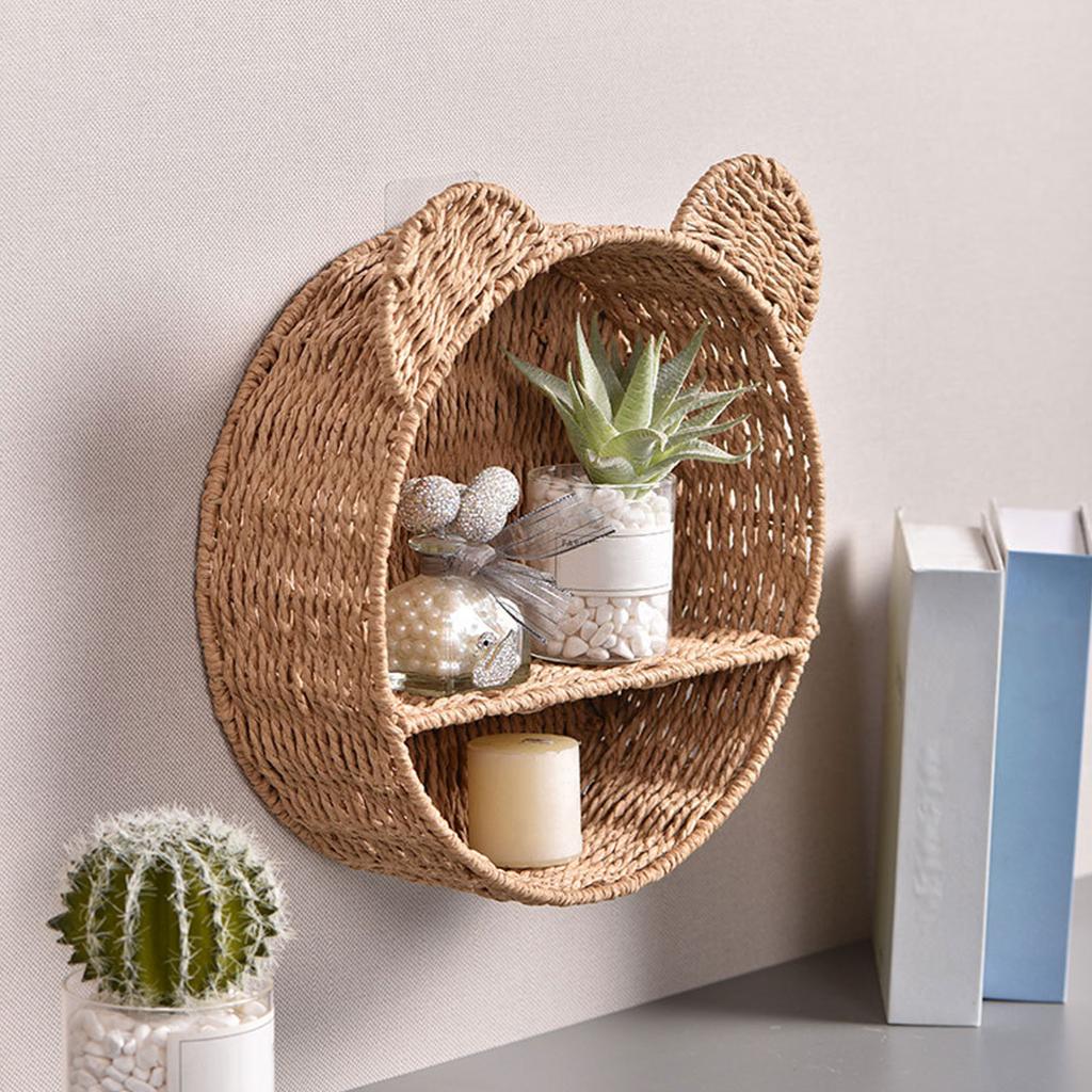 Cartoon Bear Ear Floating Shelves Cute Round Shape Rattan Woven Wall Shelf Hanging Storage Basket Plant Rack Home Decors
