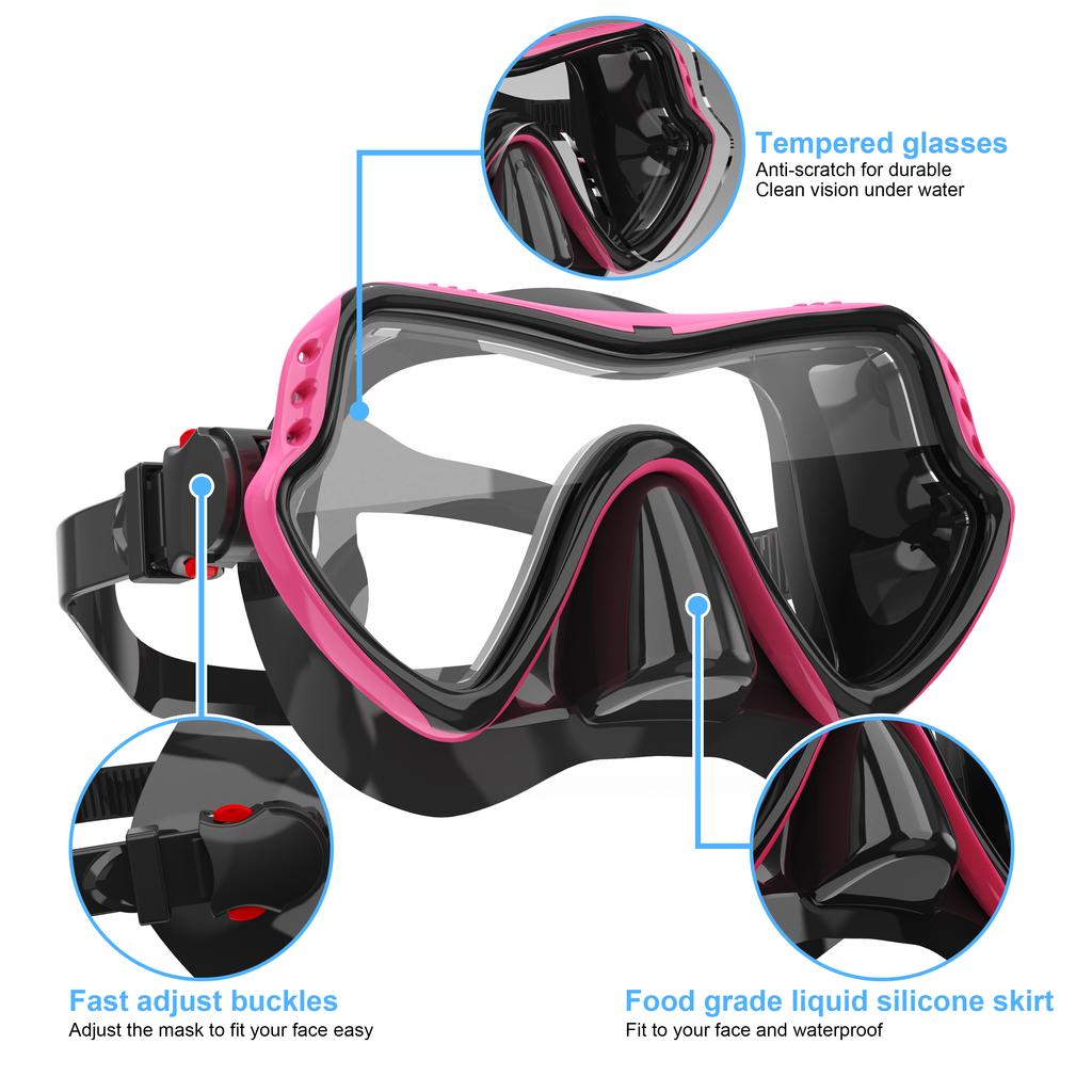 Diving Mask Swimming Goggles Scuba Snorkel Silicone Skirt Tempered Glass Panoramic HD for Adult Youth Anti-Fog with Nose Cover