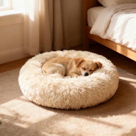 Donut Pet Bed Fluffy Round Cat Bed with Anti-Slip Bottom Cozy Shaggy Plush Dog