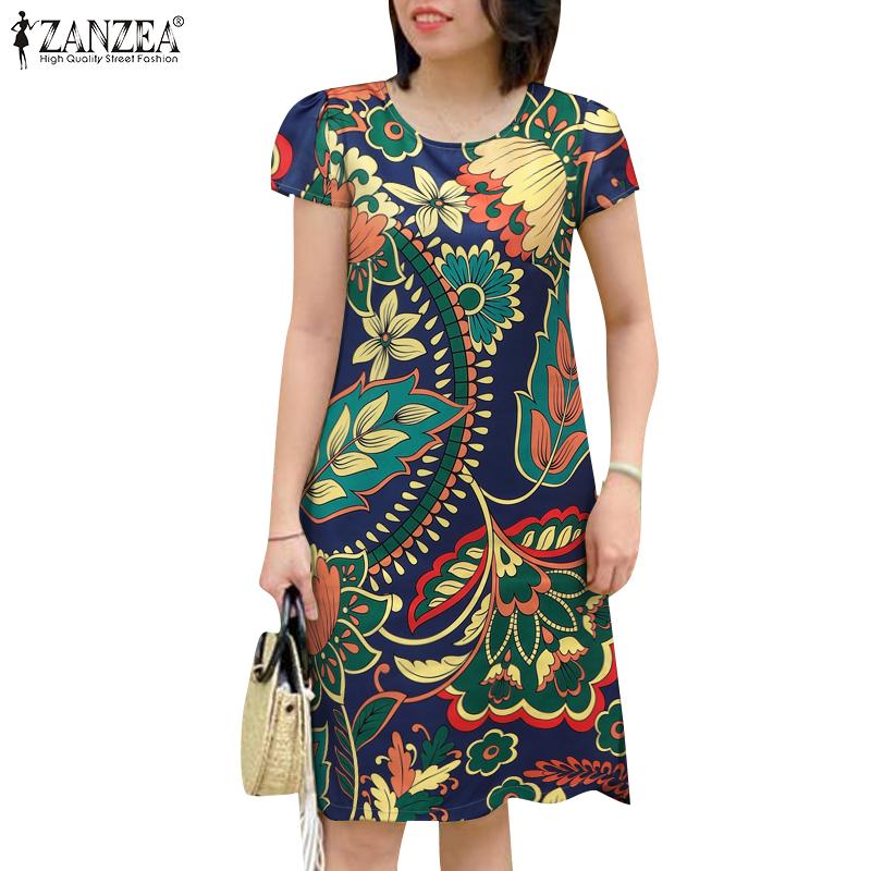 ZANZEA Women Casual Round Neck Short Sleeve Summer Print Dress