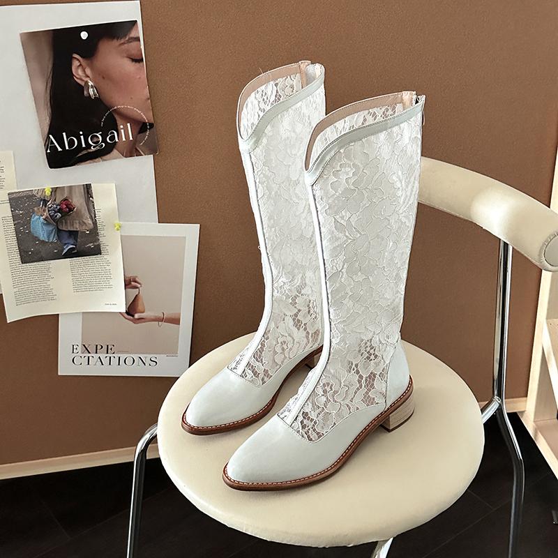Дизайнерские кружевные ажурные женские ботфорты до колена, модные облегающие туфли на толстом каблуке, летние женские дышащие длинные ботильоны