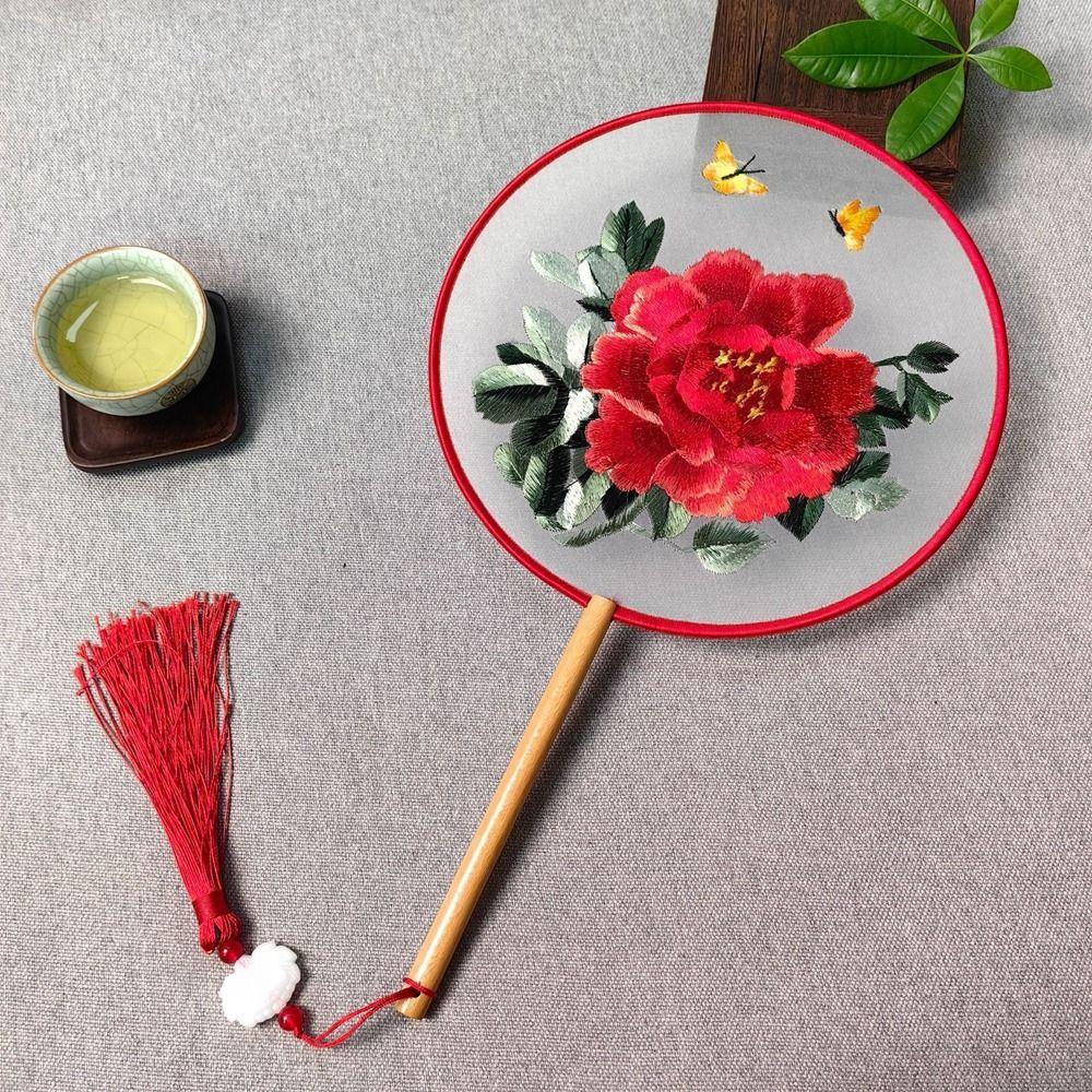 Круглый двухсторонний вышитый веер в китайском стиле с цветами из шелка, портативный танцевальный веер, домашний декор
