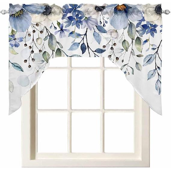 Kitchen Curtains Sets 24 Inch Length with Valance, Abstract Art Blue Leaves Branches Swag Valances for Windows and Tiers Curtain Set, Light Filtering