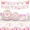 Pink Butterfly Birthday Party Tableware Set – Plates, Napkins, Tablecloth & Decorations