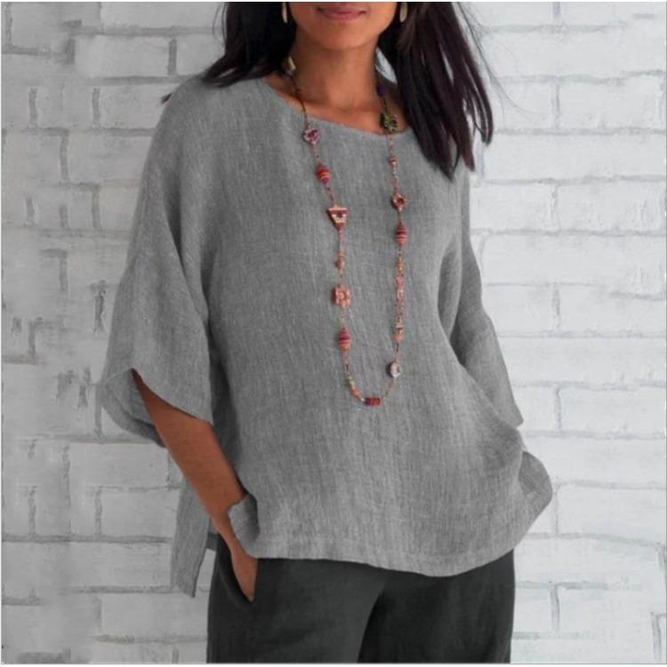 Comfortable Casual Women Cotton Linen Round Neck Shirt Top Seven Quarter Sleeve