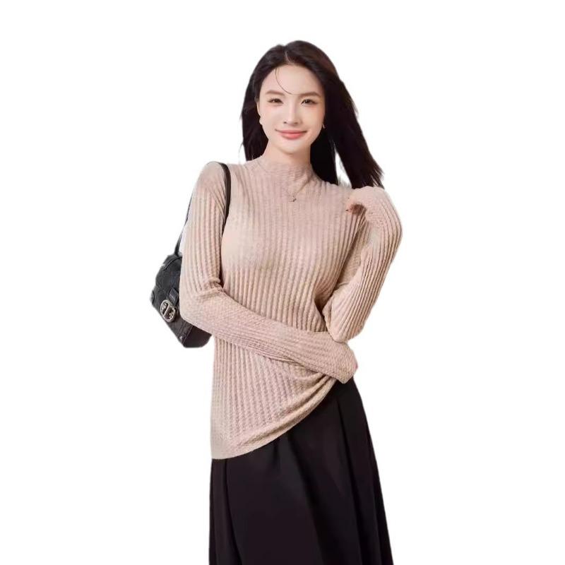 Silk-containing Wool Sweater Women's Early Autumn New Semi-turtleneck Knitted Sweater Sweater with Waffle Backing Top