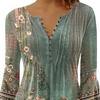 Women Summer Casual T-shirt V-neck Buttons Neckline 3/4 Sleeve Tops Pleated Floral Print Slim Fit Tee Shirt Streetwear