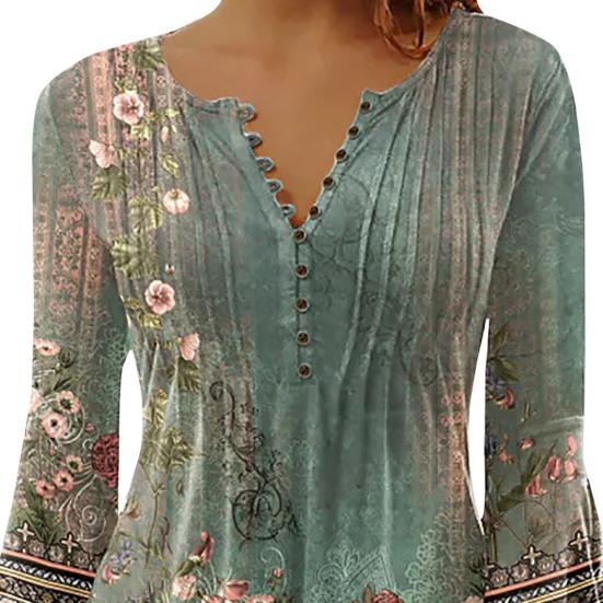Women Summer Casual T-shirt V-neck Buttons Neckline 3/4 Sleeve Tops Pleated Floral Print Slim Fit Tee Shirt Streetwear