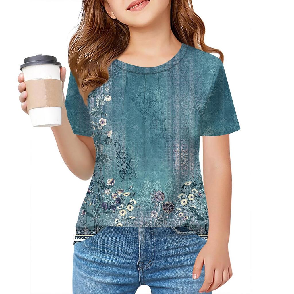 Детская футболка Fold A для девочек, летняя модная куртка с круглым воротником и цветочным принтом с короткими рукавами