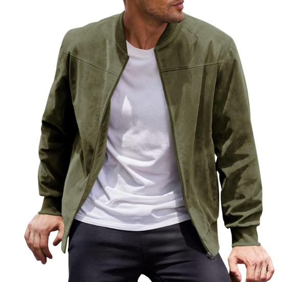 Men Suede Jacket Stand Collar Long Sleeve Zipper Placket Coat with Side Pockets Solid Color Loose Fit Ribbed Cuffs Hem Outwear