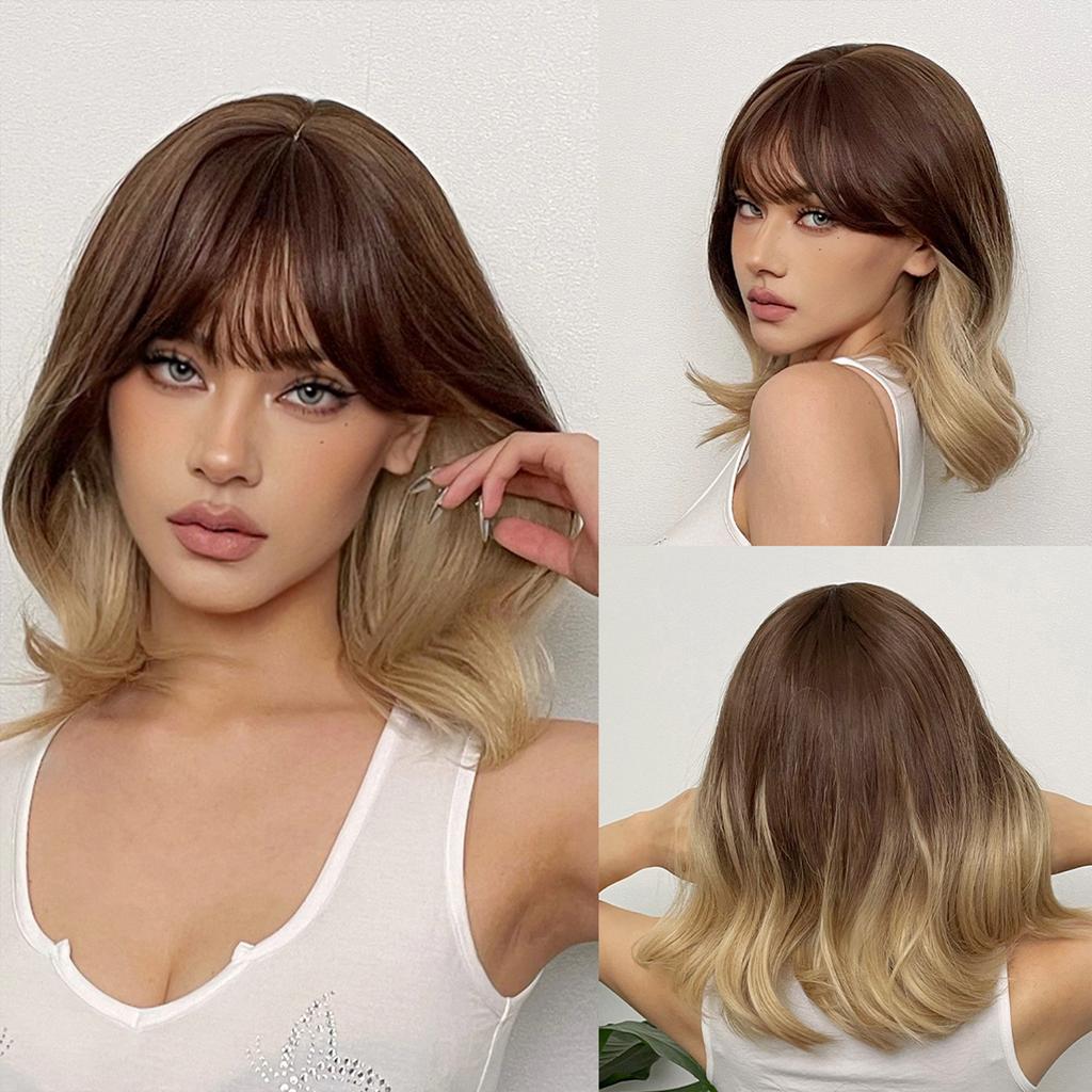 Platinum Bob Wig With Bangs Short Loose Wavy Synthetic Wigs for Women Cosplay Party Wig Dark Root Heat Resistant Fiber Fake Hair