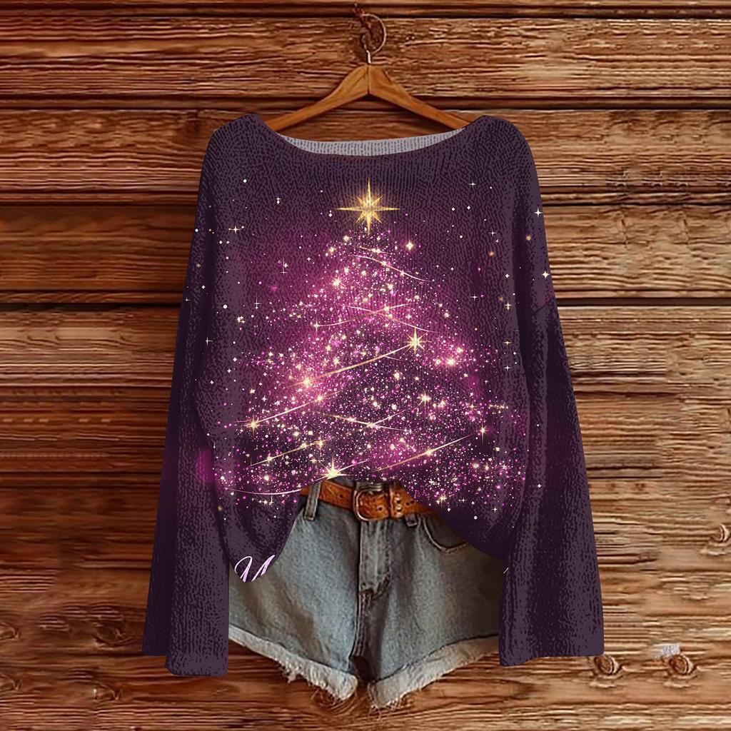 Women's Round Neck Lightweight Sweater Casual Long Sleeve Christmas Print Knit Pullover.
