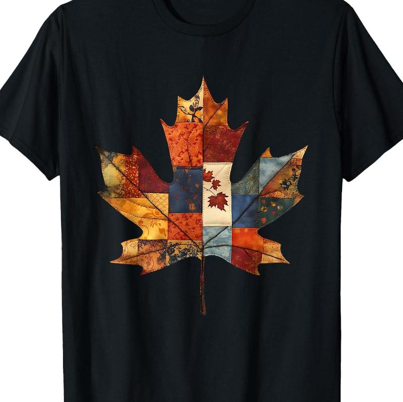 Vintage Canadian Maple Leaf Splicing Tshirt with Multi Color Autumn Colors (Orange Red Yellow Green Brown) Casual Daily Top