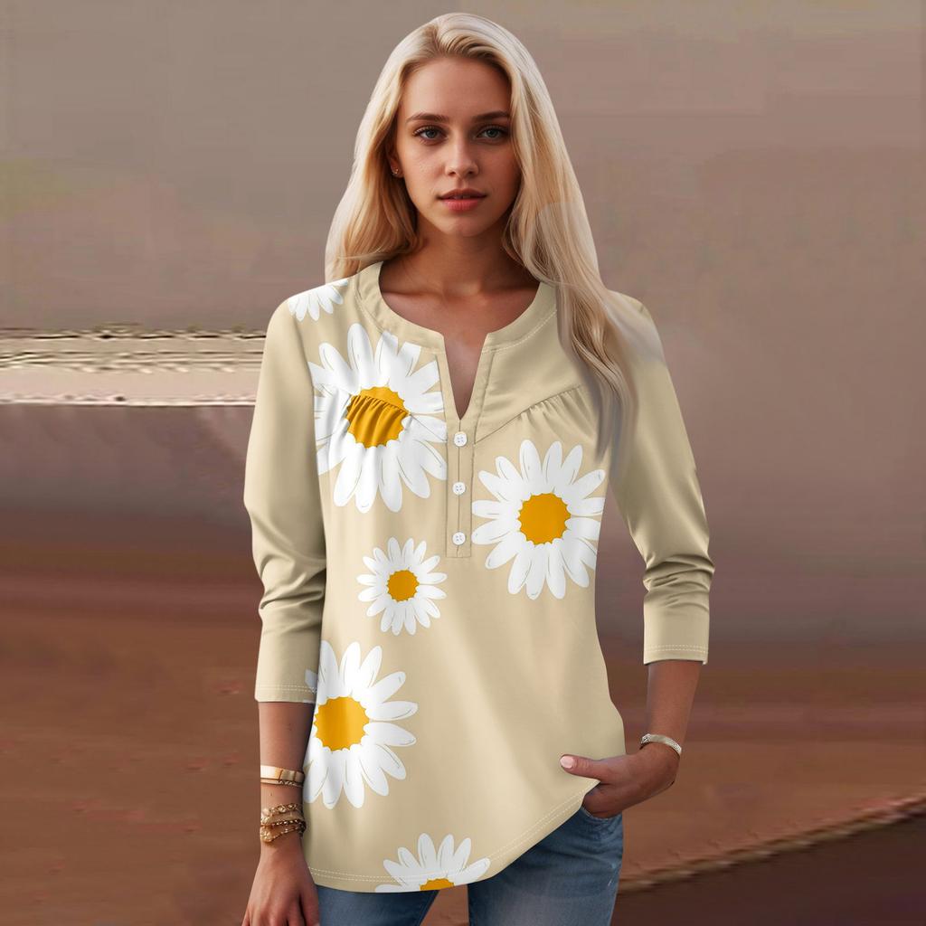 Женская мода повседневный топ с длинным рукавом и круглым вырезом с цветочным принтом