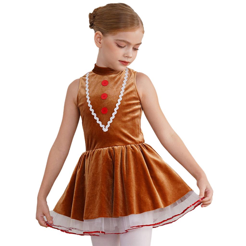 Girls Gingerbread Man Tutu Dress Christmas Costume Sleeveless Hollow Back Velvet Leotard