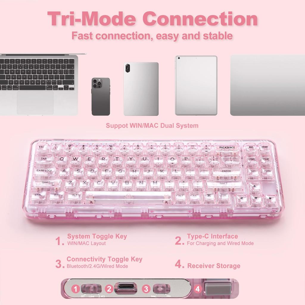 Механическая игровая клавиатура YUNZII X71 с прозрачной 71 RGB для сертификации по техническим стандартам, колпачки Ice Keycaps, клавиши, 68% раскладка, беспроводная,