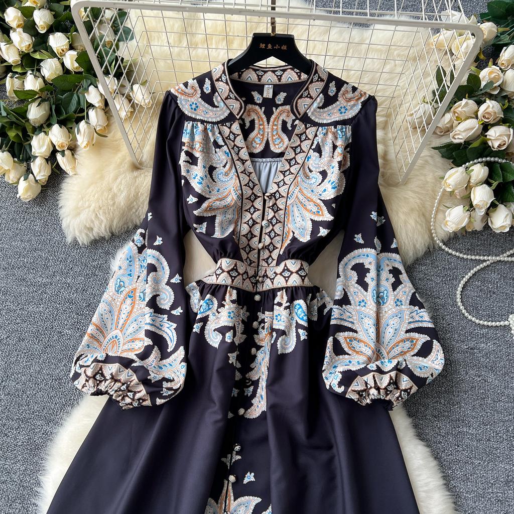 Элегантное длинное платье во французском стиле ретро, женские вечерние платья в придворном стиле с принтом пейсли, женские тонкие длинные платья трапециевидной формы с v-образным вырезом