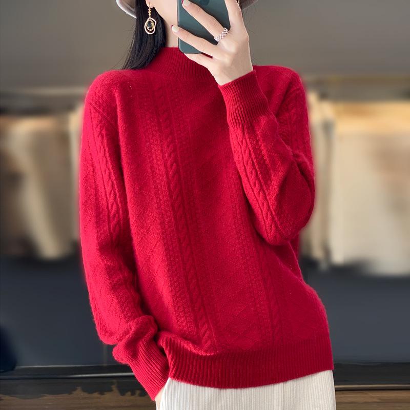 Свитер из жаккардовой шерсти с высоким воротом и вертикальной полоской - Модный трикотаж из кашемира с кабельным узором