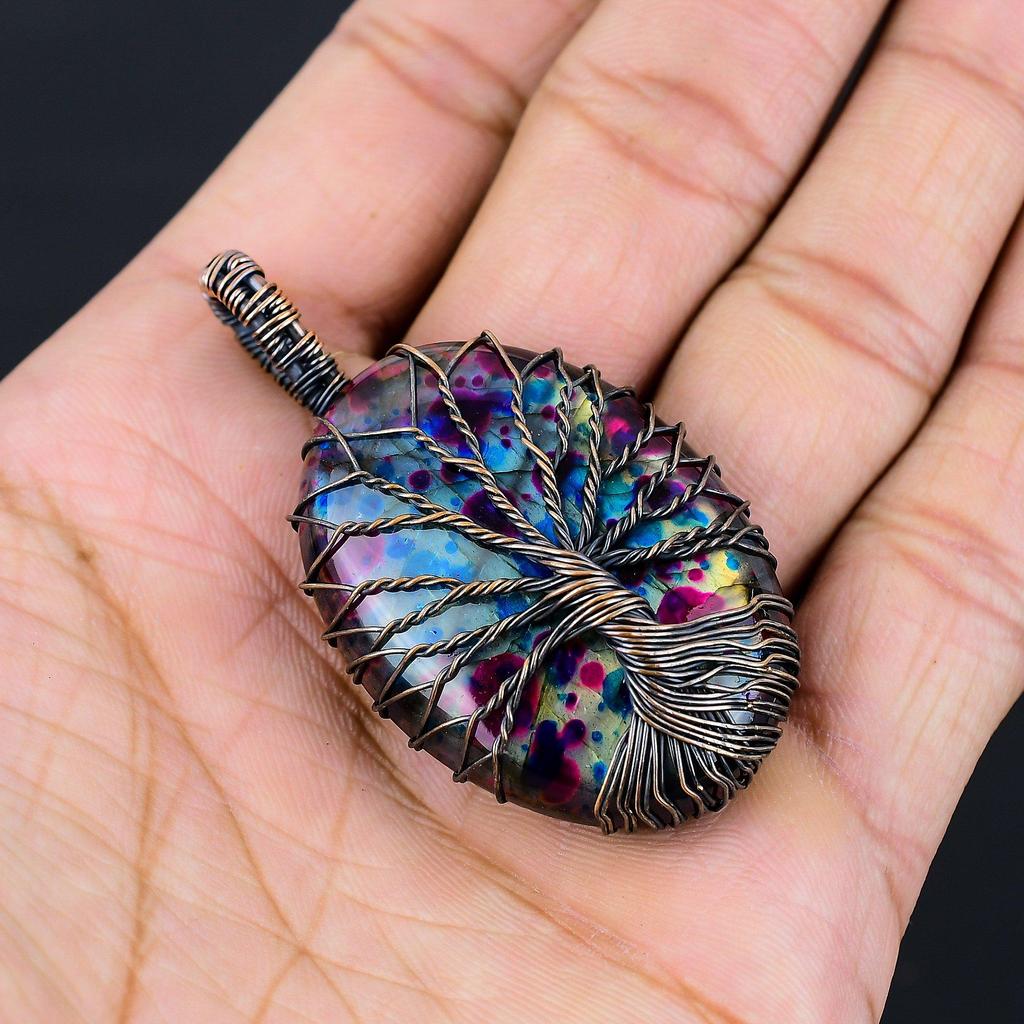 Древо жизни Multi Flash Лабрадорит драгоценный камень Чистая медная проволока обернутая подвеска ручной работы ювелирные изделия