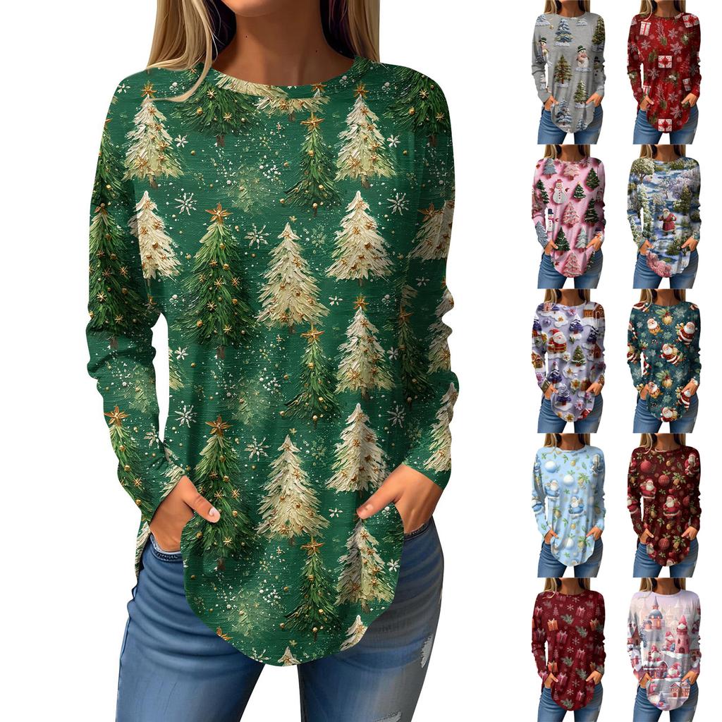 Tee Shirts For Women Casual Round Neck Long Sleeve Shirts Christmas Printing Top Pullover
