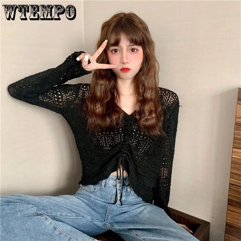 Женские вязаные топы в корейском стиле, весна-лето, свободные плиссированные короткие топы ярких цветов с v-образным вырезом и завязками