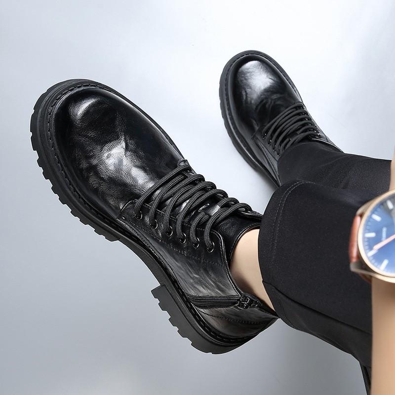 Модные мужские новые кожаные мотоциклетные ботинки из хлопка с толстой подошвой внутри, черные ботильоны с подъемом D550