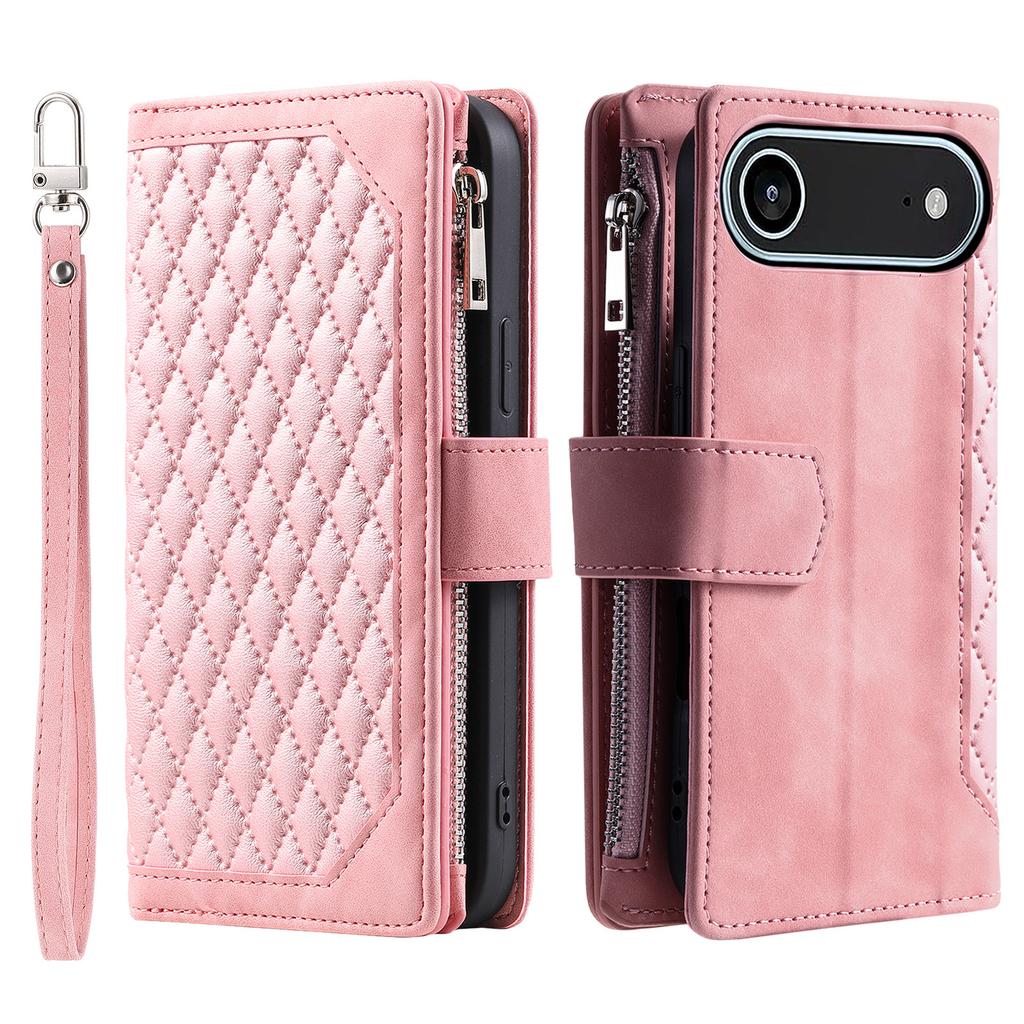 For iPhone 17 Air Wallet Case Rhombus Stitching Line PU Leather Phone Cover with Wrist Strap