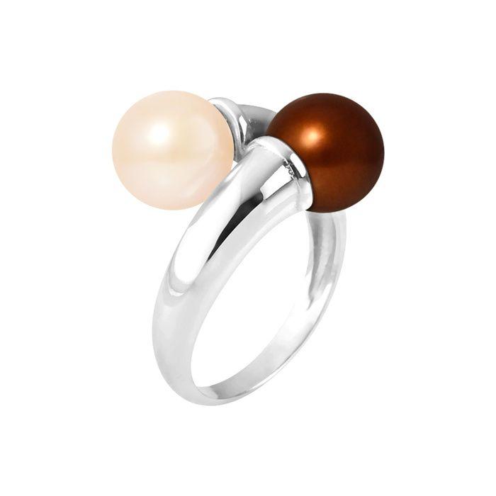 Bague - Pearls & Colors - Véritables Perles d'Eau Douce 8-9 mm - Argent 925 - Rose Naturel & Chocolat - Femme
