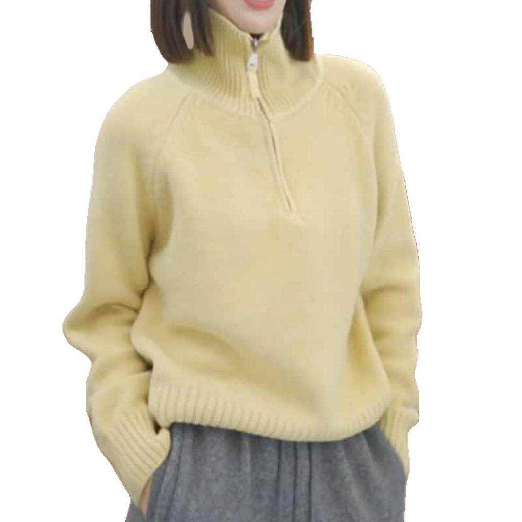 Women's Chic High Neck Half Zip Knit Sweater - Fashionable and Versatile for Autumn/Winter