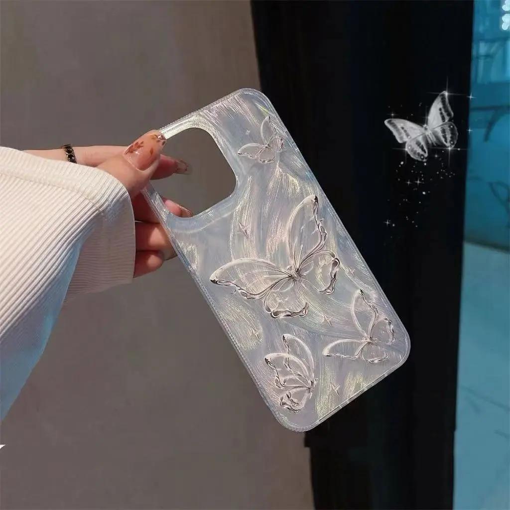 Прозрачный чехол Butterfly Crystal Bling Glitter для iPhone 16 15 14 Plus 13 12 11 Pro Max X XR XS Max Shining Star Pearl Wave Cover