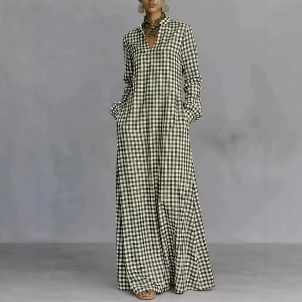Spring and Autumn Fashion Women's Plaid Long Dress V-Neck Loose and Skinny Casual Long Sleeve Dress