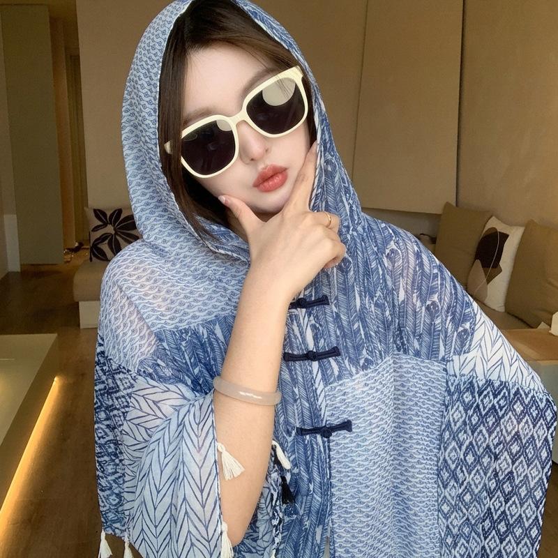Small fresh green floral silk scarf women's summer travel buckle sunscreen large shawl beach towel thin yarn scarf scarf