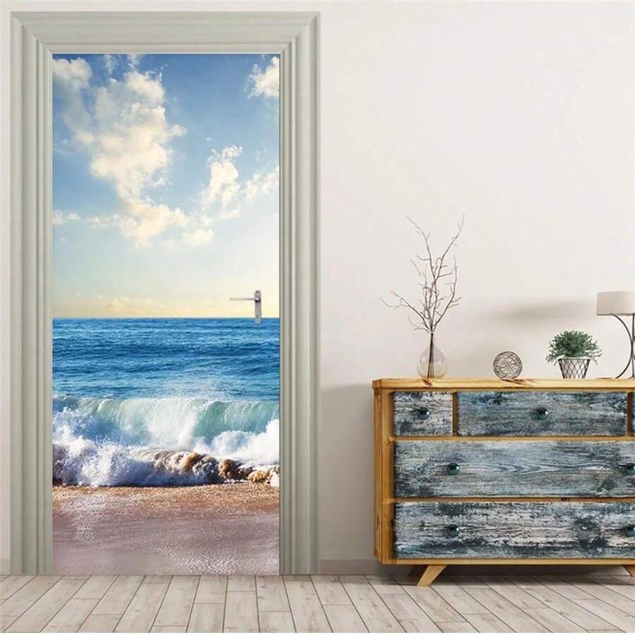 2 шт. самоклеящаяся водонепроницаемая дверная паста, настенная паста с морским пейзажем, волнами, пляжем, природным пейзажем, для внутреннего и наружного декора стен и дверей шкафа