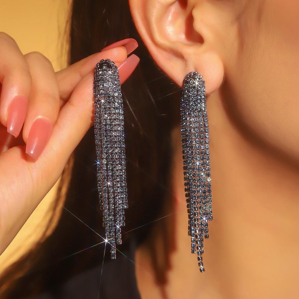 Colored Shiny Rhinestone Long Fringed Earrings