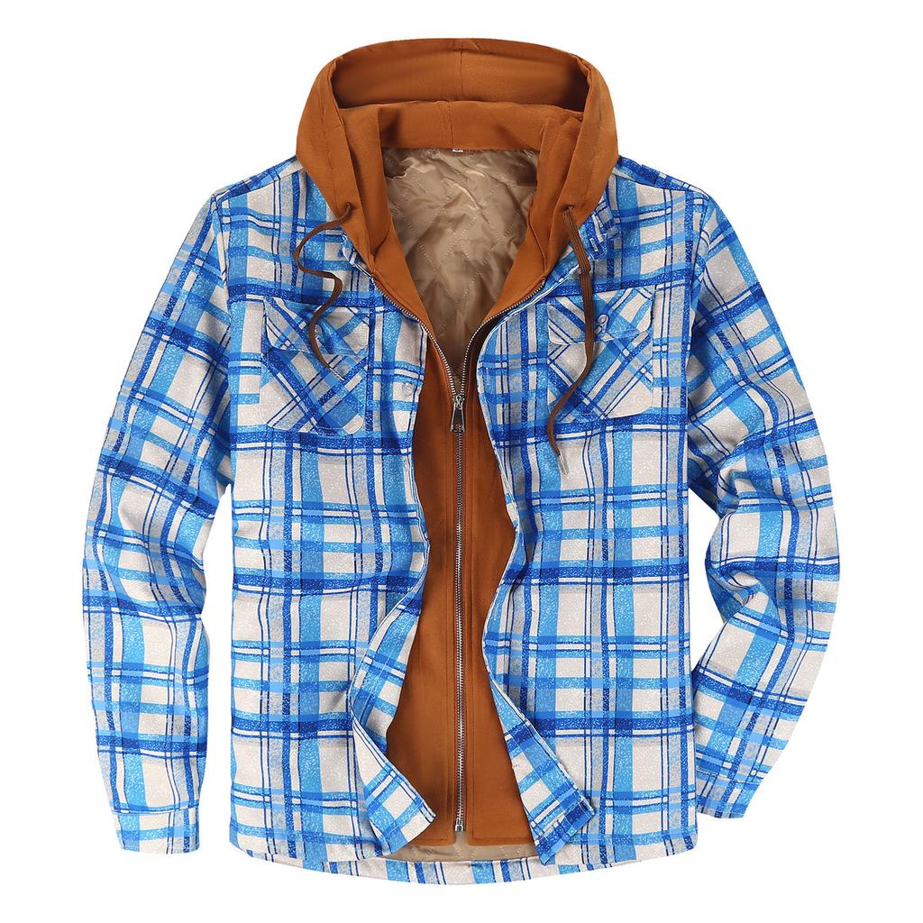 Men's Quilted Lined Button Down Plaid Shirt Add Velvet To Keep Warm Jacket With Hood