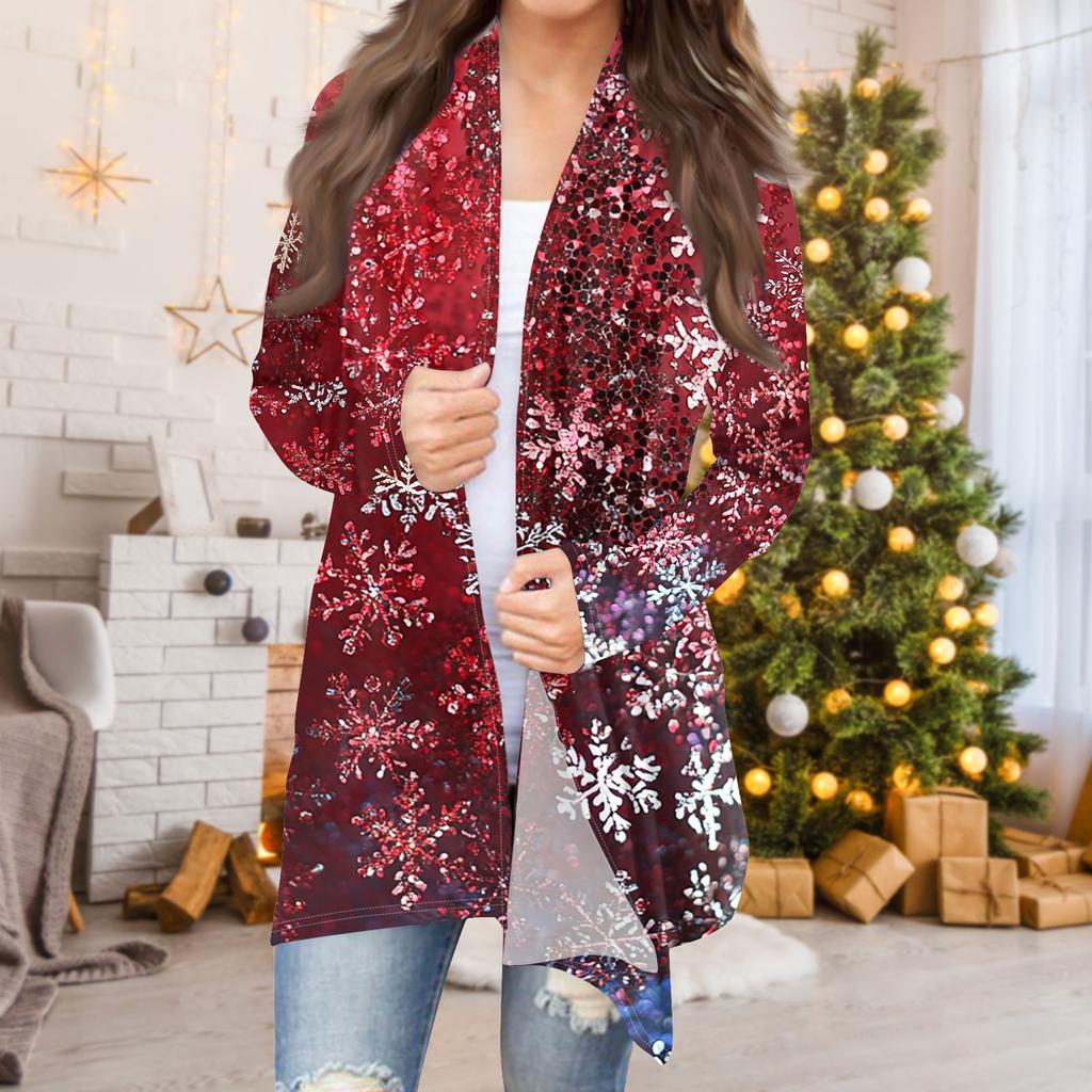 Женская мода повседневная рождественская печать средней длины кардиган куртка пальто