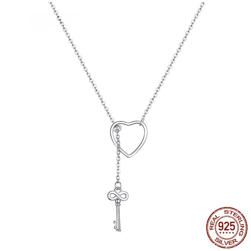 S925 Sterling Silver Sweet Key of Heart Lock Link Chain Necklaces & Pendants Women Luxury Sterling Silver Jewelry