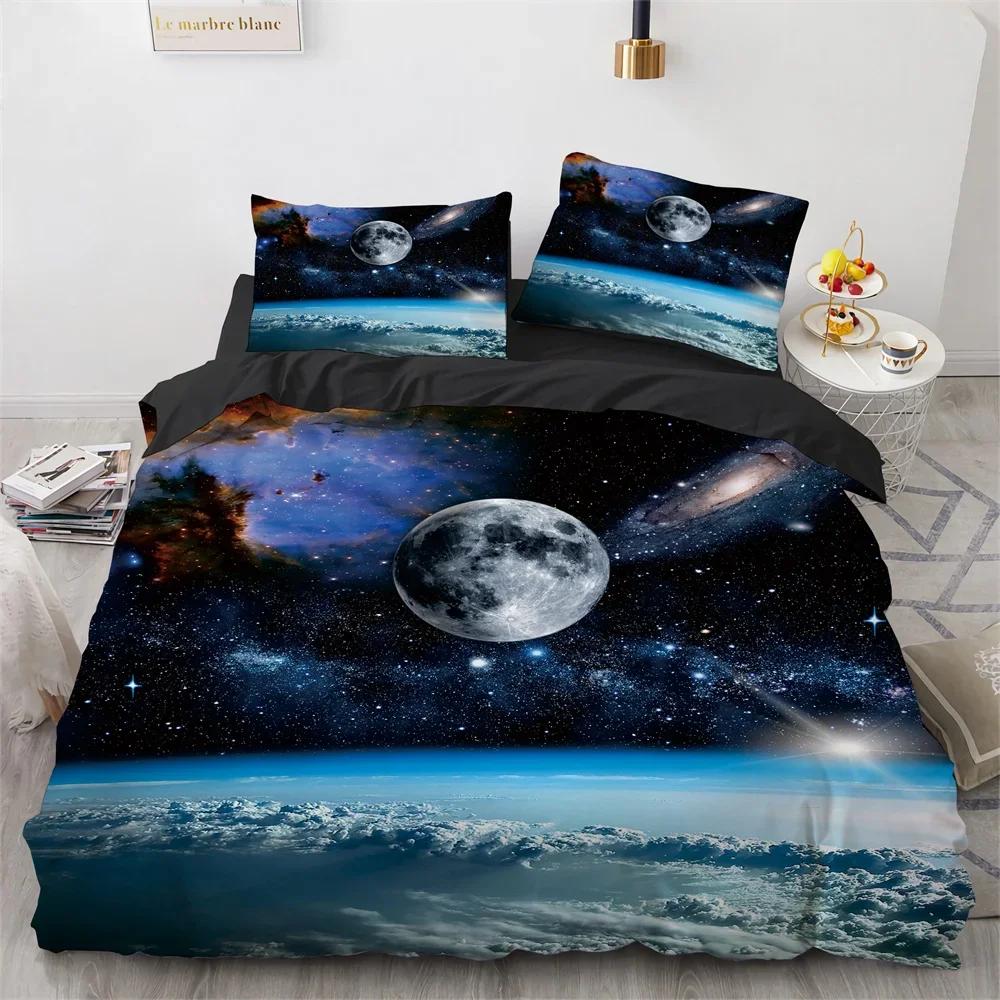 Пододеяльник Galaxy Planet King Queen Вселенная Небо Комплект постельного белья 3D Голубая Земля Космос Астрономия 2/3 предмета Полиэстер Чехол для одеяла