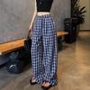 Женские синие брюки в клетку в стиле ретро с двубортной застежкой и широкими штанинами - Стиль Чжао Лусы весна-осень